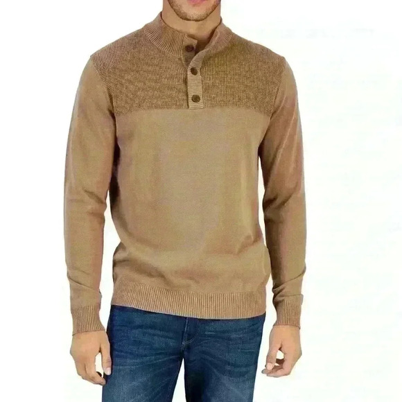Club Room Mock Neck 3-Button 100% Cotton Pullover Mens Sweater Size L Walnut - Picture 1 of 10